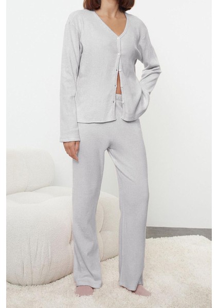 Kadın Moda Şık Gömlek Yaka Boru Paça Uzun Kol Fırçalı Soft Fitilli Hırka Örme Pijama Takımı