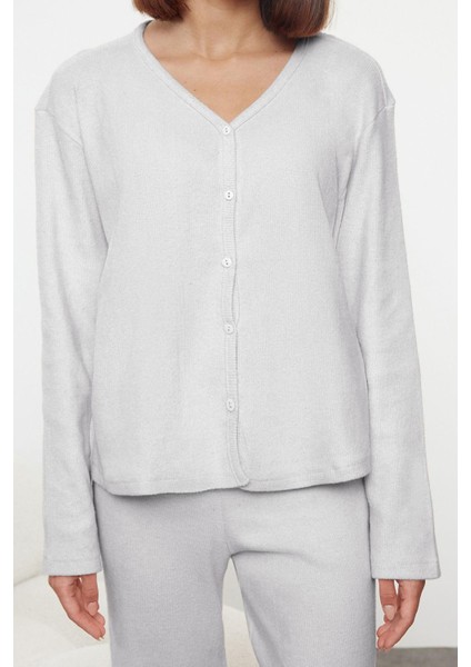 Kadın Moda Şık Gömlek Yaka Boru Paça Uzun Kol Fırçalı Soft Fitilli Hırka Örme Pijama Takımı