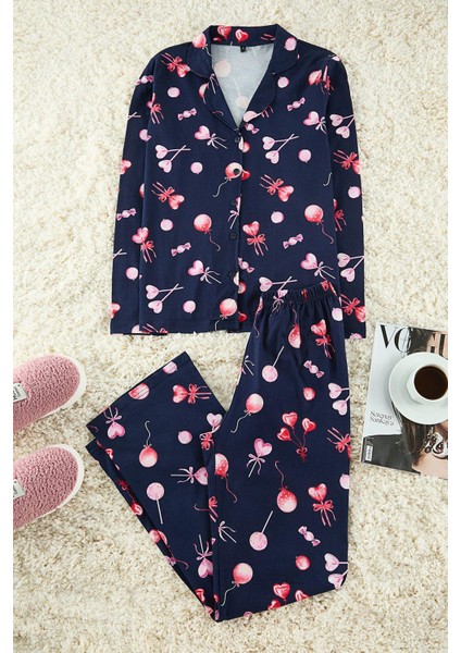 Kadın Moda Şık Gömlek Yaka Geniş Paça Uzun Kol Pamuklu Kalpli Örme Pijama Takımı