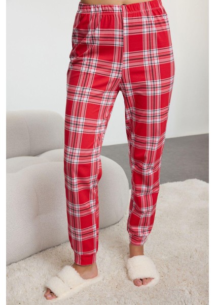 Kadın Moda Bisiklet Yaka Boru Paça Uzun Kol %100 Pamuklu Yılbaşı Temalı Ekoseli Örme Pijama Takımı