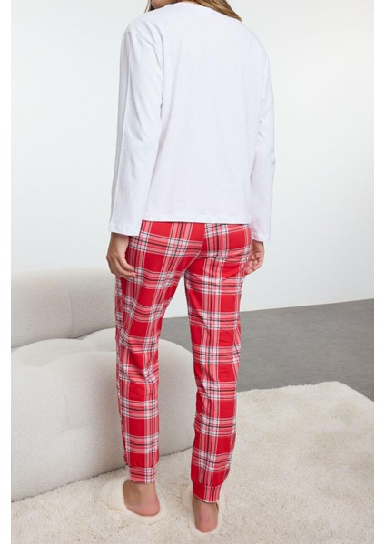 Kadın Moda Bisiklet Yaka Boru Paça Uzun Kol %100 Pamuklu Yılbaşı Temalı Ekoseli Örme Pijama Takımı