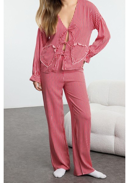 Kadın Moda V Yaka Geniş Paça Uzun Kol Kırmızı Çizgili Kurdele Fiyonk Bağlama Detaylı Pijama Takımı