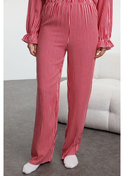 Kadın Moda V Yaka Geniş Paça Uzun Kol Kırmızı Çizgili Kurdele Fiyonk Bağlama Detaylı Pijama Takımı fırsatları