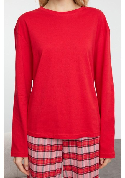 Kadın Moda Şık Bisiklet Yaka Boru Paça Uzun Kol Pamuklu Ekoseli Uyku Bantlı Örme Pijama Takımı modelleri