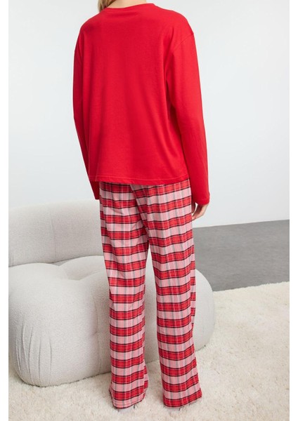 Kadın Moda Şık Bisiklet Yaka Boru Paça Uzun Kol Pamuklu Ekoseli Uyku Bantlı Örme Pijama Takımı fırsatları