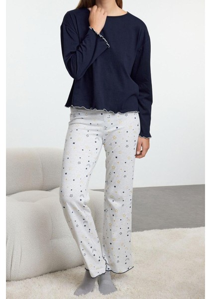 Kadın Bisiklet Yaka Geniş Paça Uzun Kol Varaklı Galaksi Desenli Overlok Detaylı Örme Pijama Takımı
