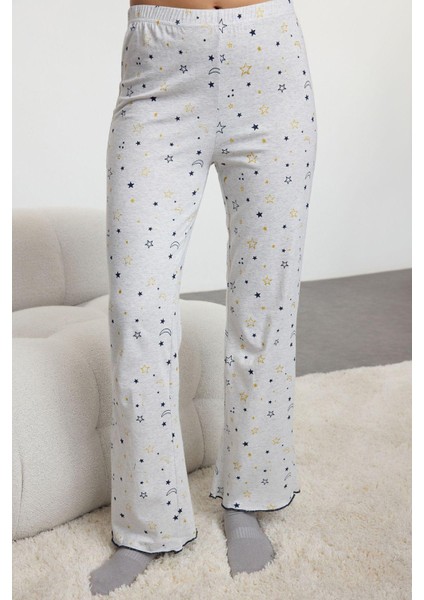 Kadın Bisiklet Yaka Geniş Paça Uzun Kol Varaklı Galaksi Desenli Overlok Detaylı Örme Pijama Takımı