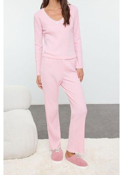 Kadın Moda V Yaka Geniş Paça Uzun Kol Dantel Ve Kurdele Fiyonk Detaylı Fitilli Örme Pijama Takımı