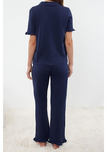 Kadın Moda Şık Gömlek Yaka Boru Paça Kısa Kol %100 Pamuklu Fırfır Detaylı Örme Pijama Takımı modelleri