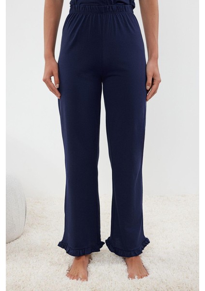 Kadın Moda Şık Gömlek Yaka Boru Paça Kısa Kol %100 Pamuklu Fırfır Detaylı Örme Pijama Takımı fırsatları