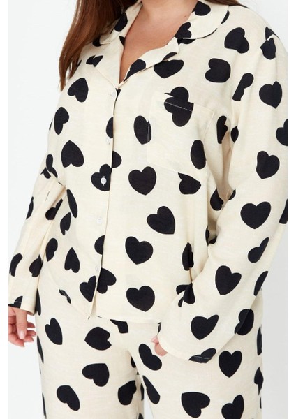 Kadın Moda Şık Büyük Beden Gömlek Yaka Boru Paça Uzun Kol Kalpli Dokuma Pijama Takımı fırsatları