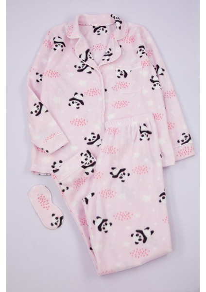 Kadın Moda Şık Büyük Beden Gömlek Yaka Dar Paça Uzun Kol Panda Desenli Örme Pijama Takımı