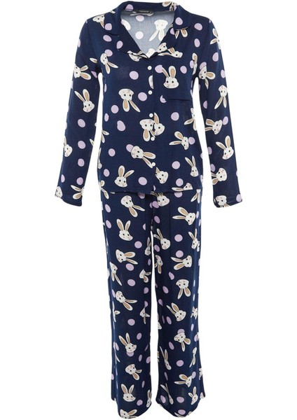 Kadın Moda Şık Gömlek Yaka Boru Paça Uzun Kol Tavşan Desenli Viskon Dokuma Pijama Takımı