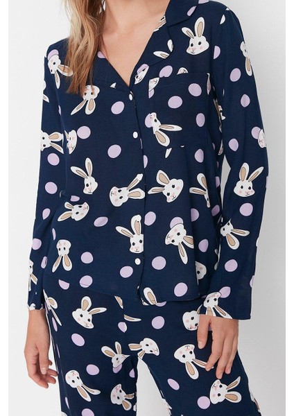 Kadın Moda Şık Gömlek Yaka Boru Paça Uzun Kol Tavşan Desenli Viskon Dokuma Pijama Takımı fiyatları