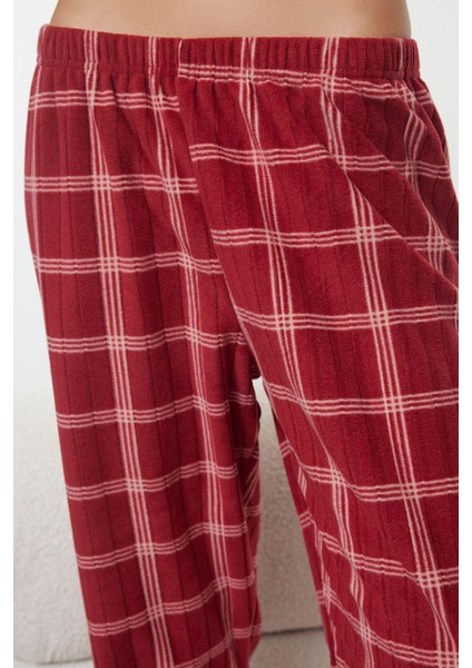 Kadın Moda Bisiklet Yaka Boru Paça Uzun Kol Ekoseli Yılbaşı Temalı Polar Kışlık Örme Pijama Takımı