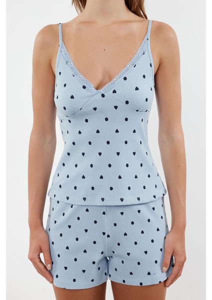 Kadın Askılı Yaka Boru Paça Askılı Kol Pamuklu Kalpli Dantel Detaylı Ip Fitilli Örme Pijama Takımı