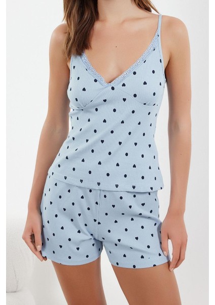 Kadın Askılı Yaka Boru Paça Askılı Kol Pamuklu Kalpli Dantel Detaylı Ip Fitilli Örme Pijama Takımı fiyatları