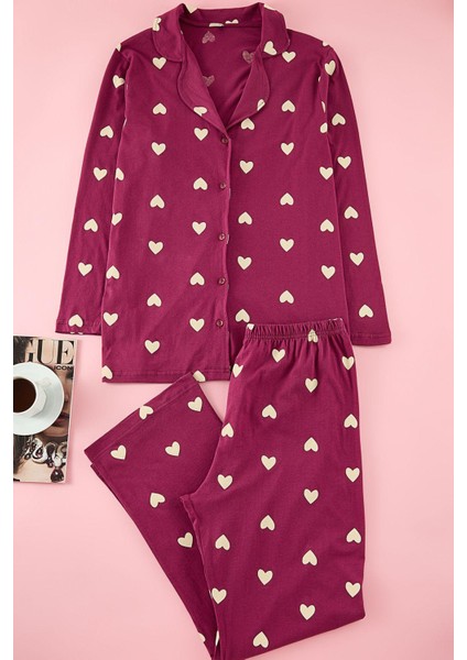 Kadın Moda Şık Büyük Beden Gömlek Yaka Geniş Paça Uzun Kol Vişne Kalpli Örme Pijama Takımı