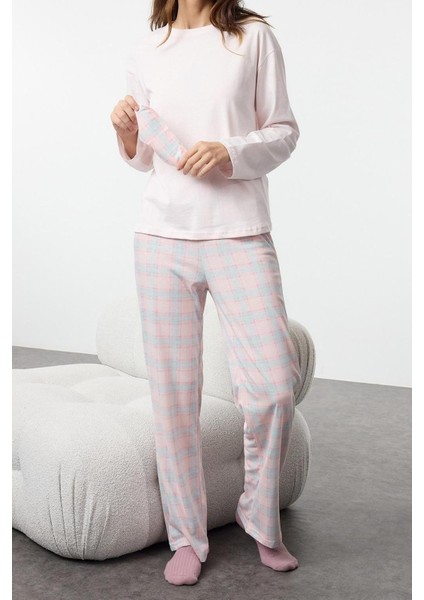 Kadın Moda Şık Bisiklet Yaka Boru Paça Uzun Kol Pamuklu Ekoseli Uyku Bantlı Örme Pijama Takımı