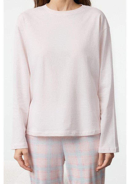 Kadın Moda Şık Bisiklet Yaka Boru Paça Uzun Kol Pamuklu Ekoseli Uyku Bantlı Örme Pijama Takımı