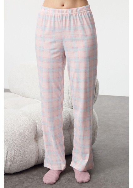 Kadın Moda Şık Bisiklet Yaka Boru Paça Uzun Kol Pamuklu Ekoseli Uyku Bantlı Örme Pijama Takımı
