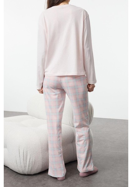Kadın Moda Şık Bisiklet Yaka Boru Paça Uzun Kol Pamuklu Ekoseli Uyku Bantlı Örme Pijama Takımı