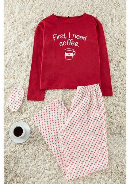 Kadın Moda Şık Bisiklet Yaka Boru Paça Uzun Kol Pamuklu Kalpli Baskılı Örme Pijama Takımı