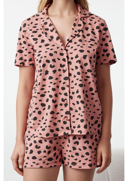 Kadın Moda Şık Gömlek Yaka Boru Paça Kısa Kol %100 Pamuklu Leopar Desenli Örme Pijama Takımı