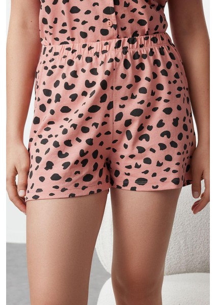 Kadın Moda Şık Gömlek Yaka Boru Paça Kısa Kol %100 Pamuklu Leopar Desenli Örme Pijama Takımı