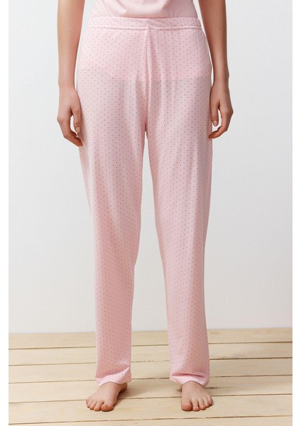 Kadın Moda Şık Bisiklet Yaka Boru Paça Kısa Kol Baskılı Puantiyeli Örme Pijama Takımı fırsatları