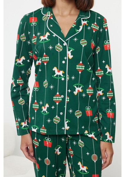 Kadın Moda Şık Gömlek Yaka Boru Paça Uzun Kol %100 Pamuklu Yılbaşı Temalı Örme Pijama Takımı