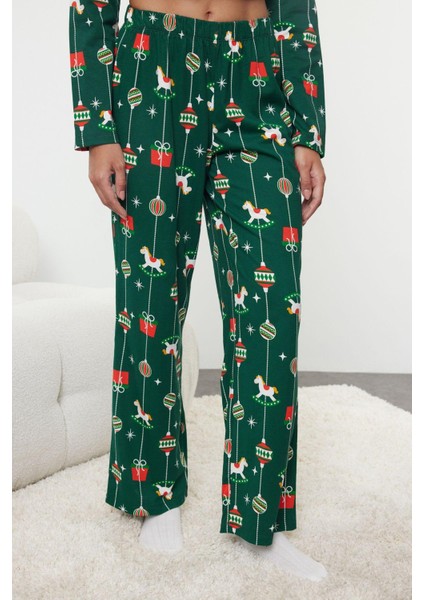 Kadın Moda Şık Gömlek Yaka Boru Paça Uzun Kol %100 Pamuklu Yılbaşı Temalı Örme Pijama Takımı