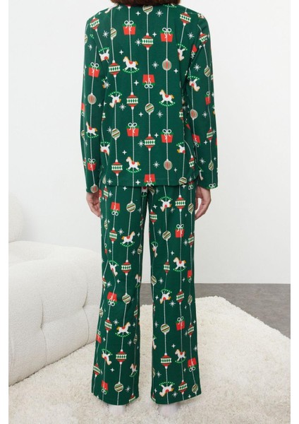 Kadın Moda Şık Gömlek Yaka Boru Paça Uzun Kol %100 Pamuklu Yılbaşı Temalı Örme Pijama Takımı