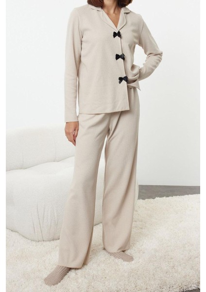 Kadın Moda Şık Gömlek Yaka Boru Paça Uzun Kol Kurdele Fiyonklu Waffle Kumaş Örme Pijama Takımı