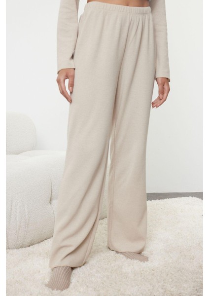 Kadın Moda Şık Gömlek Yaka Boru Paça Uzun Kol Kurdele Fiyonklu Waffle Kumaş Örme Pijama Takımı