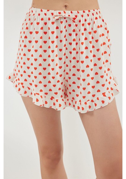 Kadın Moda Şık V Yaka Boru Paça Askılı Kol Kalpli Fırfır Detaylı Ip Viskon Dokuma Pijama Takımı