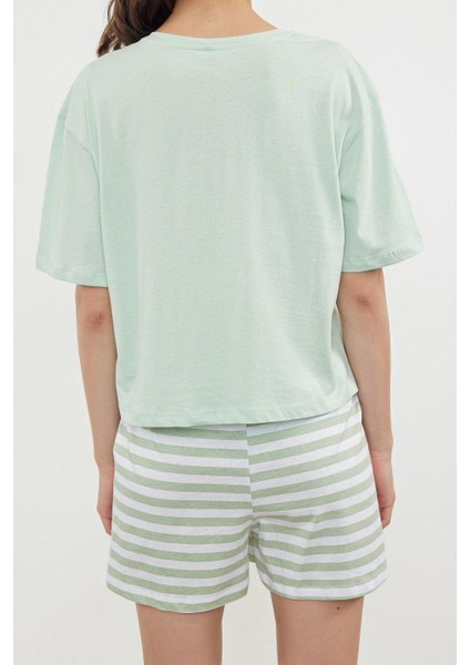 Kadın Moda Şık Bisiklet Yaka Boru Paça Kısa Kol Pamuklu Ayıcık Baskılı Örme Pijama Takımı