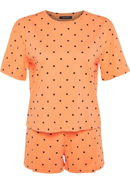 Kadın Bisiklet Yaka Boru Paça Kısa Kol %100 Pamuklu Kalp Desenli T-Shirt-Şort Örme Pijama Takımı