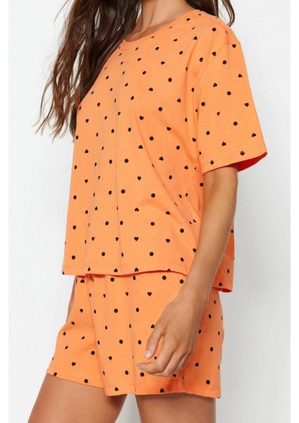 Kadın Bisiklet Yaka Boru Paça Kısa Kol %100 Pamuklu Kalp Desenli T-Shirt-Şort Örme Pijama Takımı