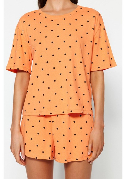 Kadın Bisiklet Yaka Boru Paça Kısa Kol %100 Pamuklu Kalp Desenli T-Shirt-Şort Örme Pijama Takımı