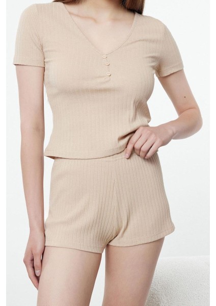 Kadın Moda Şık V Yaka Dar Paça Kısa Kol Düğme Detaylı Fitilli Örme Pijama Takımı