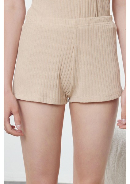 Kadın Moda Şık V Yaka Dar Paça Kısa Kol Düğme Detaylı Fitilli Örme Pijama Takımı
