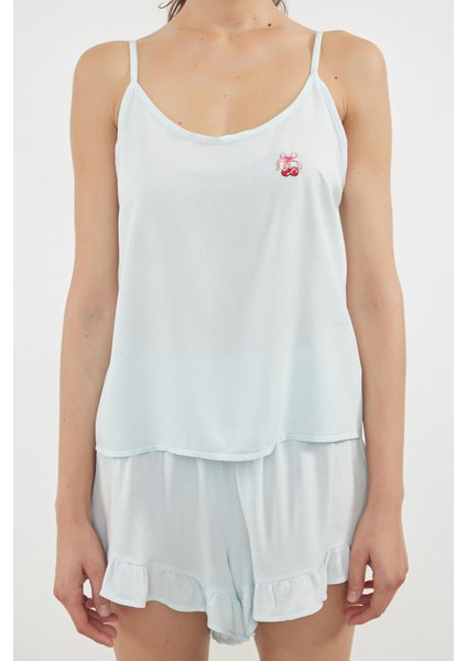 Kadın Moda Askılı Yaka Geniş Paça Askılı Kol Kiraz Nakışlı Fırfırlı Ip Viskon Dokuma Pijama Takımı
