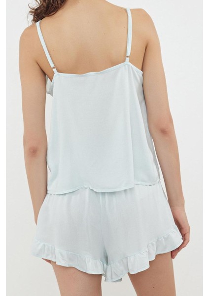 Kadın Moda Askılı Yaka Geniş Paça Askılı Kol Kiraz Nakışlı Fırfırlı Ip Viskon Dokuma Pijama Takımı