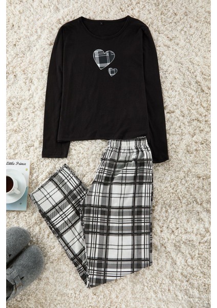 Kadın Moda Şık Bisiklet Yaka Boru Paça Uzun Kol Pamuklu Kalpli Ekoseli Örme Pijama Takımı