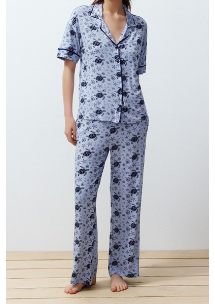 Kadın Moda Şık Gömlek Yaka Boru Paça Kısa Kol Desenli Biyeli Örme Pijama Takımı