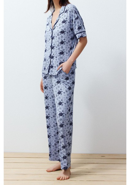 Kadın Moda Şık Gömlek Yaka Boru Paça Kısa Kol Desenli Biyeli Örme Pijama Takımı fiyatları
