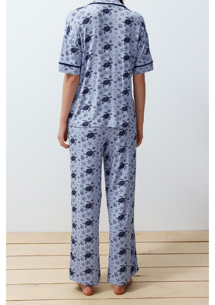 Kadın Moda Şık Gömlek Yaka Boru Paça Kısa Kol Desenli Biyeli Örme Pijama Takımı modelleri