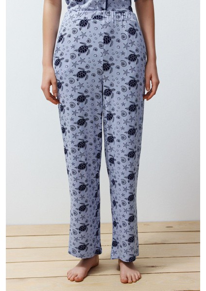 Kadın Moda Şık Gömlek Yaka Boru Paça Kısa Kol Desenli Biyeli Örme Pijama Takımı indirimleri
