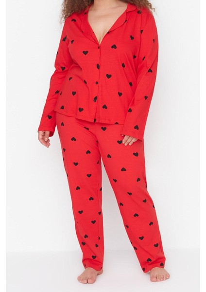 Kadın Moda Şık Büyük Beden Gömlek Yaka Geniş Paça Uzun Kol Kalpli Örme Pijama Takımı fiyatları